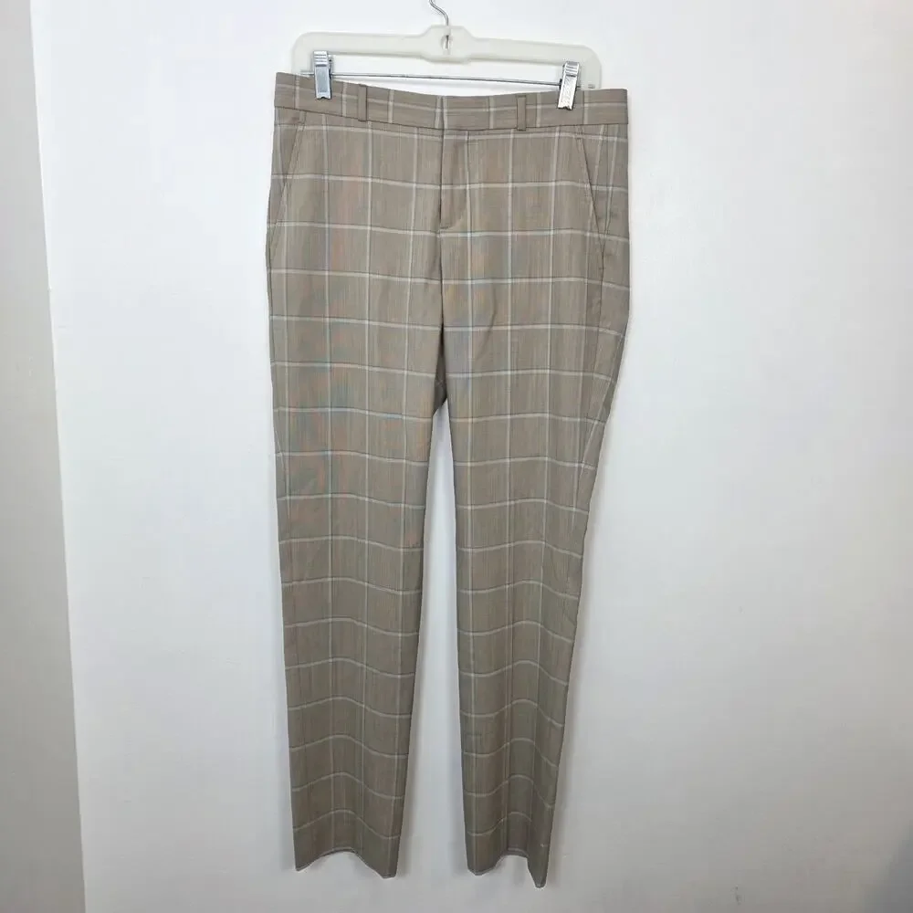 Banana Republic Tan White Windowpane Wool Pleated Ryan Straight Dress Pants Sz 4